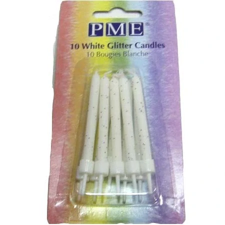 Svíčky dortové s držáky, sada  10ks, 55mm - bílé, třpytky